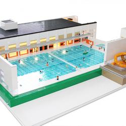 LEGO modell av Järfällas nya simhall i sin helhet