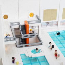 Legomodellen illustrerar även trapphus i detalj